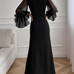 Flared Sleeves Long Sleeves Solid Color Split-side Zipper V-neck Maxi Dresses