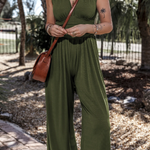 Moss Green Sleeveless V Neck Ruched Wide Leg Jumpsuit
