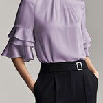 Half Sleeves Loose Layered Pleated Solid Color Split-Joint Mock Neck Blouses&Shirts Tops