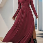 A-Line High Waisted Pleated Solid Color Split-Side V-Neck Maxi Dresses