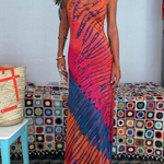 Tie-dye Print Back Lace-up Fishtail Hem Stretch Maxi Dress