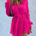 Long Sleeves Buttoned Pleated Solid Color Tied Waist Lapel Mini Dresses Shirt Dress