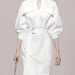 Long Sleeves Loose See-Through Split-Joint Split-Side Tied Waist V-Neck Midi Dresses Shirt Dress