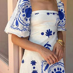 A-Line High Waisted Contrast Color Pleated Printed Ruffled Split-Joint Square-Neck Midi Dresses