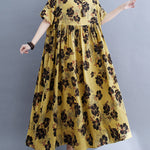 Loose Short Sleeves Pleated Printed Split-Joint Round-Neck Midi Dresses