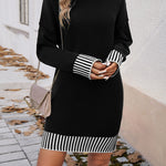 Long Sleeves Loose Contrast Color Split-Joint Mock Neck Mini Dresses Sweater Dresses