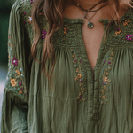 Bohe Floral Embroidered Cotton Olive Green Shirt