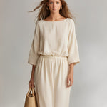 Women's Ivory Cotton Set With Boat Neck & Elastic Waist, Timeless Minimalist-Casual Style Set MDZ2062A3I