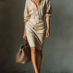 Women's Beige Linen Fabric Button-Front Shirt Dress