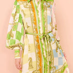 Garden Party Satin Unique Print Balloon Sleeve Belted Shirt Maxi Dress