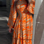 A-Line High Waisted Flower Print Pleated Zipper Mock Neck Maxi Dresses