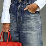 Loose Wide Leg Buttoned Fringed Pockets Jean Pants Bottoms