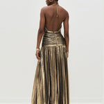 Elasticated Waist Sleeveless Pleated Shiny Solid Color Split-Side Halter-Neck Maxi Dresses