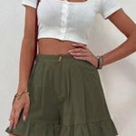 Women Summer Cotton Casual Plain Natural Ruffled Shorts