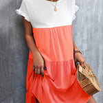 Loose Ruffle Sleeves Contrast Color Falbala Pleated Split-Joint Round-Neck Mini Dresses