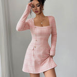 A-Line High Waisted Buttoned Contrast Color Plaid Square-Neck Mini Dresses