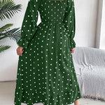 High Waisted Long Sleeves Pleated Polka Dot Ruffled Square-Neck Maxi Dresses Shirt Dress