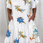 A-Line High Waisted Contrast Color Pleated Pockets Printed Split-Joint V-Neck Midi Dresses