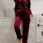Red Solid Velvet Round Neck Top & Drawstring Pants Longe Set