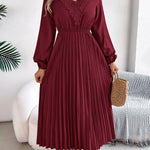 Elasticated Waist High Waisted Pleated Solid Color V-Neck Midi Dresses
