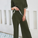 Lounge or Casual Wear Knit Patchwork Color Block Short Sleeve Top and Elastic Wide Leg Pants