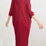 Batwing Sleeves Loose Pleated Solid Color V-Neck Midi Dresses