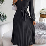 High Waisted Long Sleeves Belted Buttoned Pleated Solid Color V-Neck Maxi Dresses