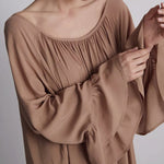A-Line Flared Sleeves Pleated Solid Color Split-Joint Round-Neck Maxi Dresses