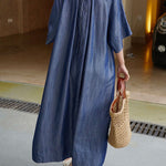 Loose Raglan Sleeve Drawstring Lace-Up Pleated Solid Color Round-Neck Midi Dresses