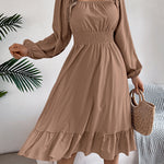 A-Line Elasticated Waist Pleated Ruffled Solid Color Square-Neck Midi Dresses
