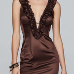 Vintage Elegant Chocolate Satin Ruffle Midi Dress