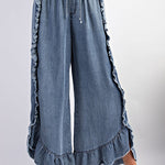 Solid Color Ruffled Elastic Waist Tie Loose Denim Flared Pants