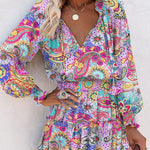 A-Line Long Sleeves Contrast Color Flower Print Pleated Split-Joint Tied V-Neck Mini Dresses