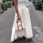 Halter Square Neck Side Button Fringe Flare Maxi Dress