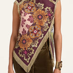 Stunning Floral Print Asymmetric Tassel Trim Scarf Top