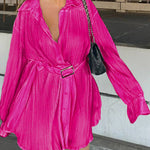 Long Sleeves Buttoned Pleated Solid Color Tied Waist Lapel Mini Dresses Shirt Dress