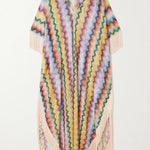 Mezcal Knit Colorful Zigzag Pattern Tassle Trim Loose Kaftan Maxi Dress