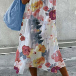 Flower print short-sleeved V-neck splicing long dress