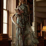 Balloon Sleeves Long Sleeves Big Hemline Contrast Color Pleated Print Zipper Stand Collar Maxi Dresses
