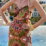 Rosalyn Unique Print 3D Butterfly Cutout Tassle Strap Halter Maxi Dress
