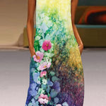 A-Line Loose Flower Print Round-Neck Maxi Dresses