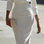 Elegant Boat Neck Ruched Waist Midi Dress
