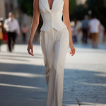 White Sleeveless Tailored Vest & Straight-Leg Pants Suit Set