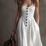 Vintage Pleated Waist Cotton Linen Maxi Dress
