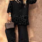 Leopard Print Crew Neck Loose Top and Elastic Waist Casual Wide-leg Pants Set