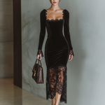 Women's Burgundy Velvet Lace Fitted Maxi Dress