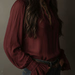 Boho V-Neck Deep Wine Red Blouse With Lace Cuffs
