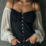 Retro Black Corset Blouse With Contrast Chiffon Sleeves
