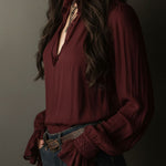 Boho V-Neck Deep Wine Red Blouse With Lace Cuffs