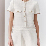 1960s London Girl Tweed Textured Gold Button Short Sleeve Pocketed Mini Dress